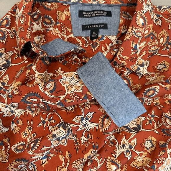 Banana Republic Camden-Fit Custom 078 Wash Rust Floral Shirt Flip Cuff Size XL - Picture 7 of 11